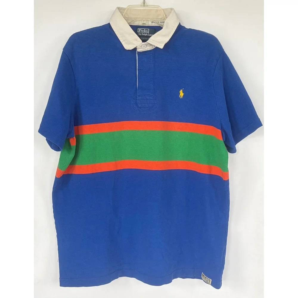 Polo Ralph‎ Lauren Mens XL Custom Fit Rugby Shirt Blue Orange Green Stripe Polo